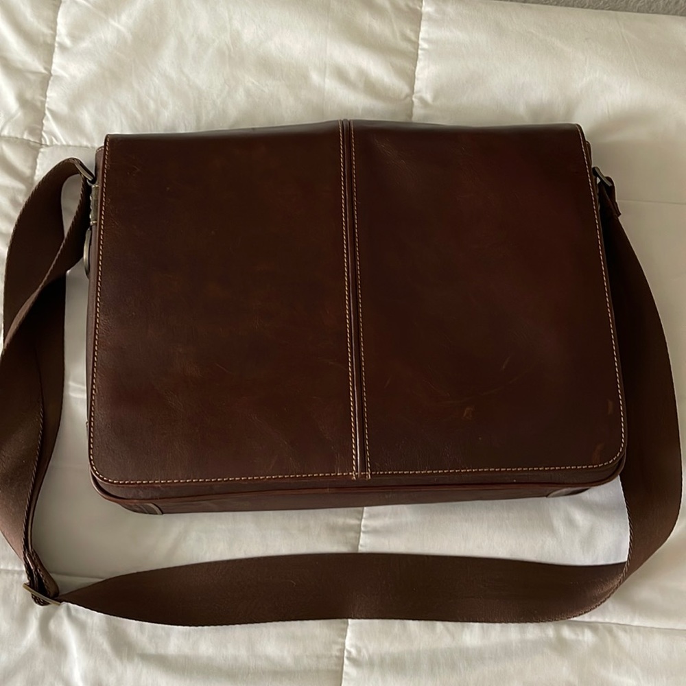 Boconi Brown Leather Magnetic Fold-over Briefcase